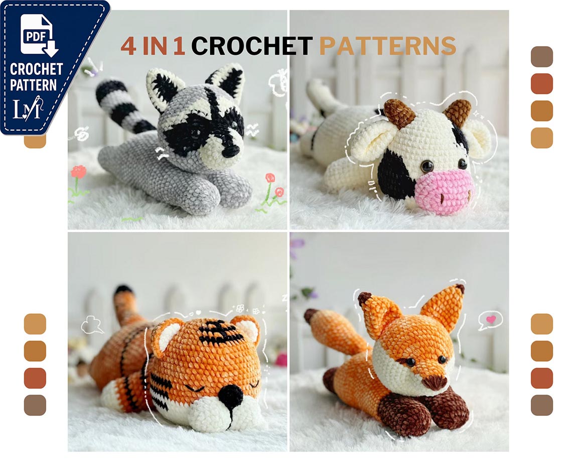 Combo 4in1 Amigurumi Crochet Pattern, Cow Crochet Pattern, Tiger Crochet Pattern, Raccoon Pattern, Fox Crochet Pattern